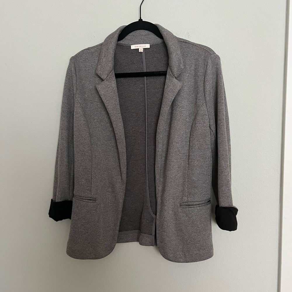 Skies Are Blue Gray Open Front Blazer with Black Cuff Detail